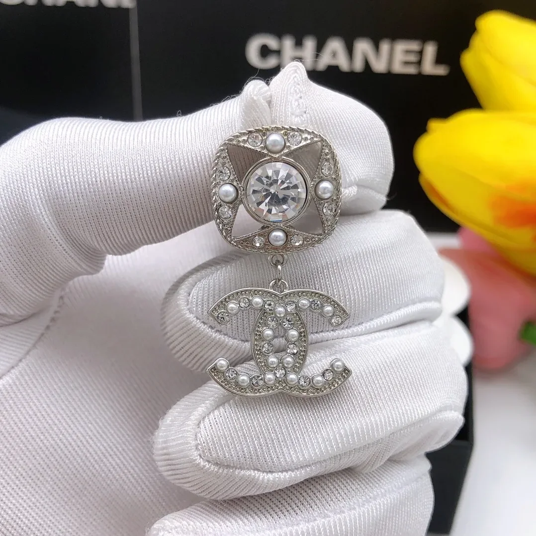 Square Double C Stud Earrings White