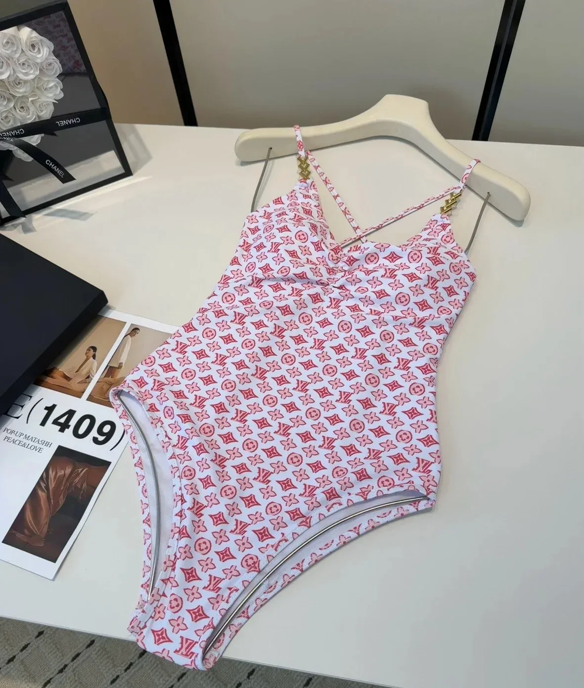 Louis Vuitton Chain Ruched One-Piece Swimsuit Pink/ Red Monogram