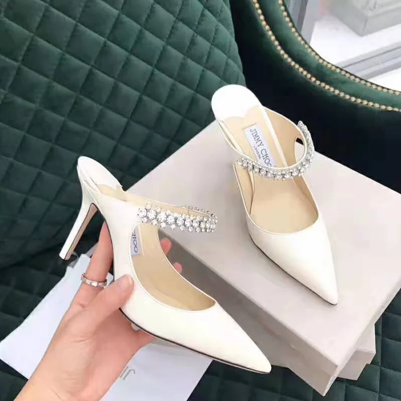 Jimmy Choo Shoes Bing 65 Linen Patent Leather Mules with Crystal Strap for Women Jimmy Choo Shoes Bing 65 Linen Patent Leather Mules with Crystal Strap for Women