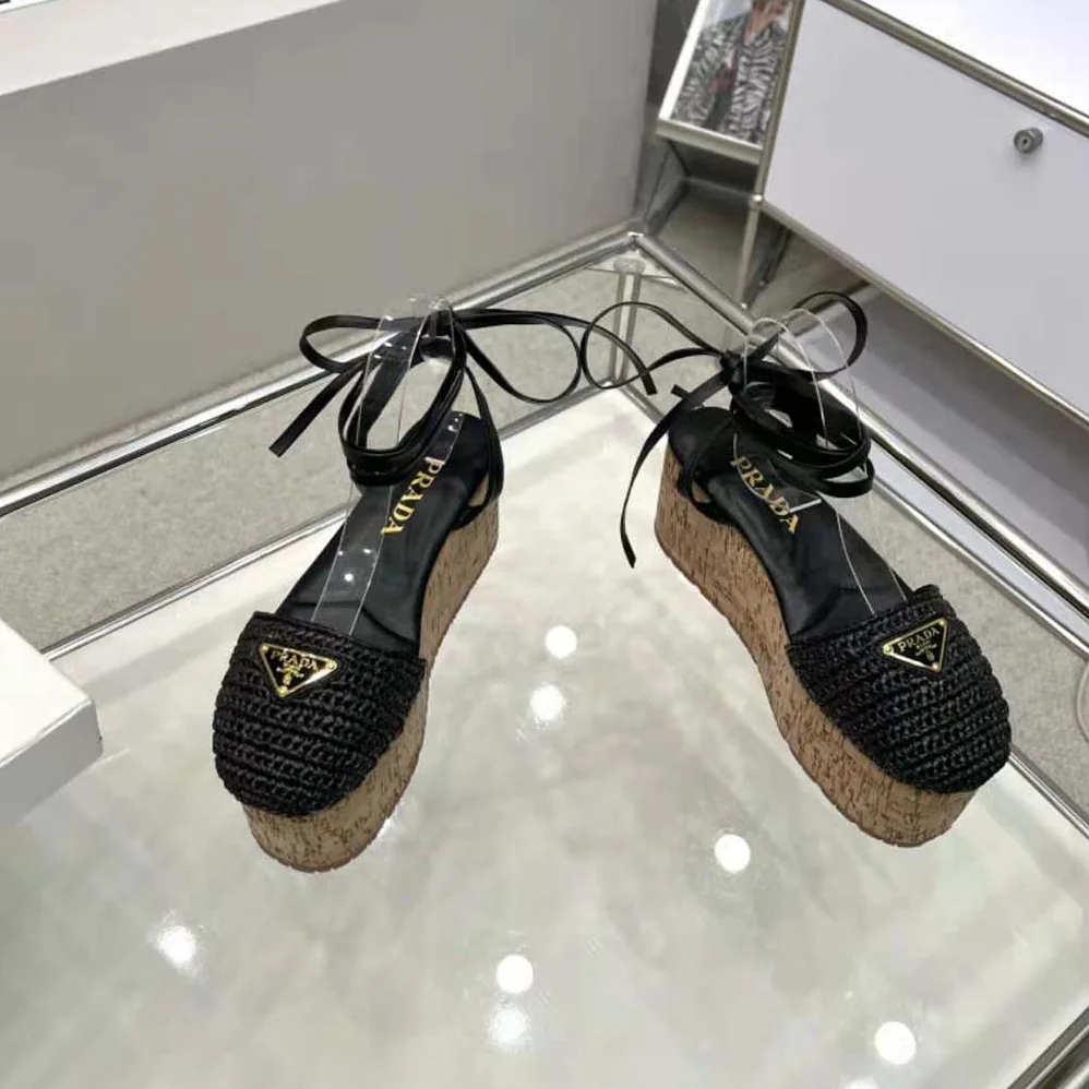 Prada Crochet Wedge Sandals with Enameled Metal Triangle Logo for Women in Black