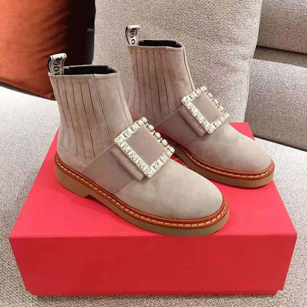 Roger Vivier Viv' Rangers Strass Buckle Chelsea Booties in Suede for Women Roger Vivier Viv' Rangers Strass Buckle Chelsea Booties in Suede for Women