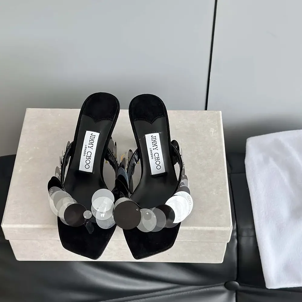 Jimmy Choo Freja 70 Black Suede Paillette Sandals for Women