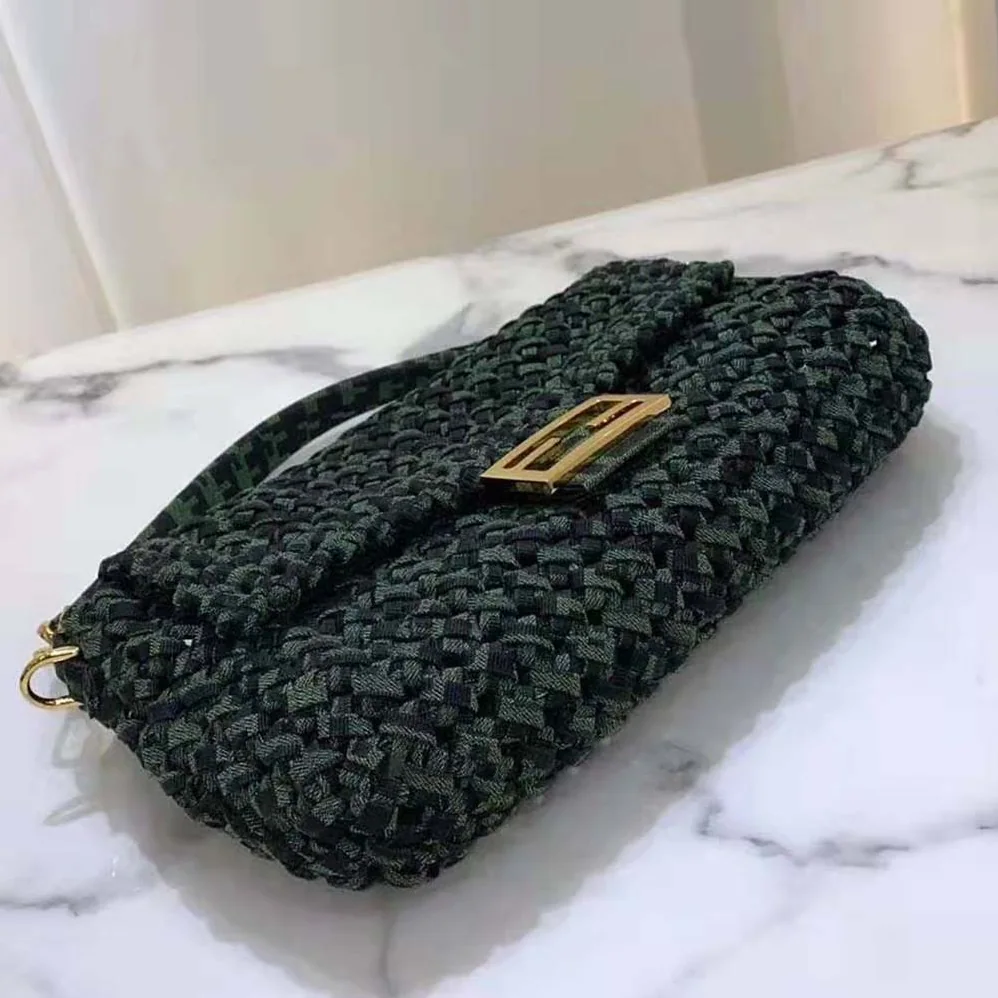 Fendi Baguette Jacquard Fabric Interlace Bag for Women in Green