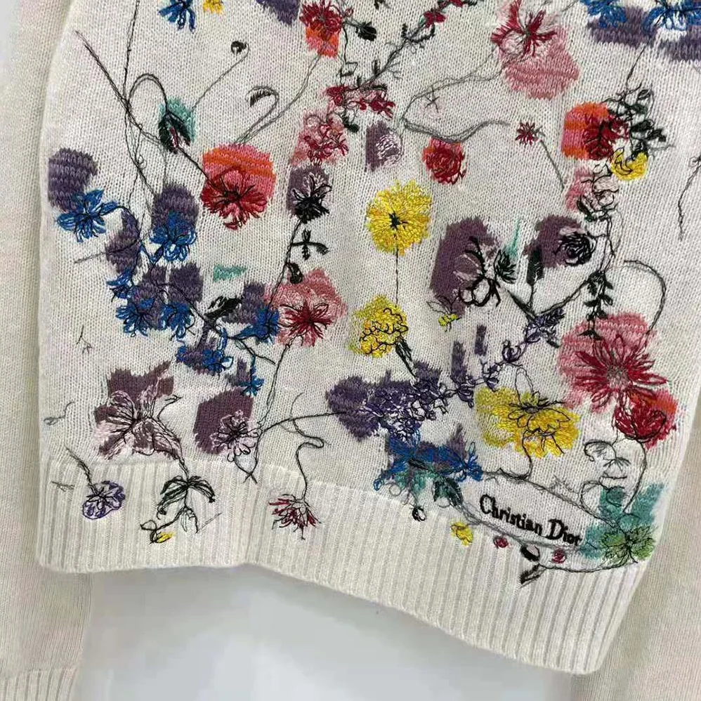 Dior Embroidered Sweater White Cashmere Knit with Red Multicolor Florilegio Motif for Women Dior Embroidered Sweater White Cashmere Knit with Red Multicolor Florilegio Motif for Women
