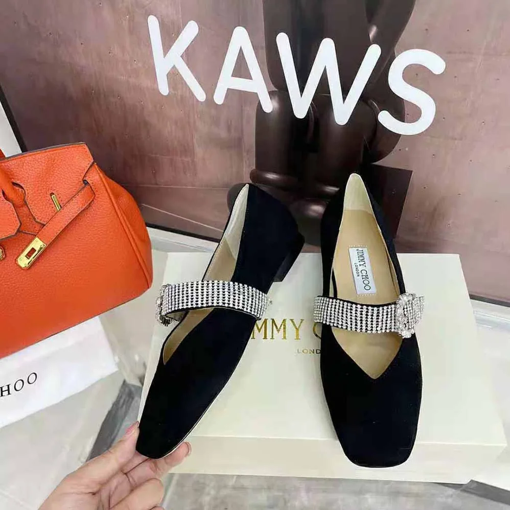 Jimmy Choo Krista Flat Black Suede Flats with Crystal for Women in Embellished Strap