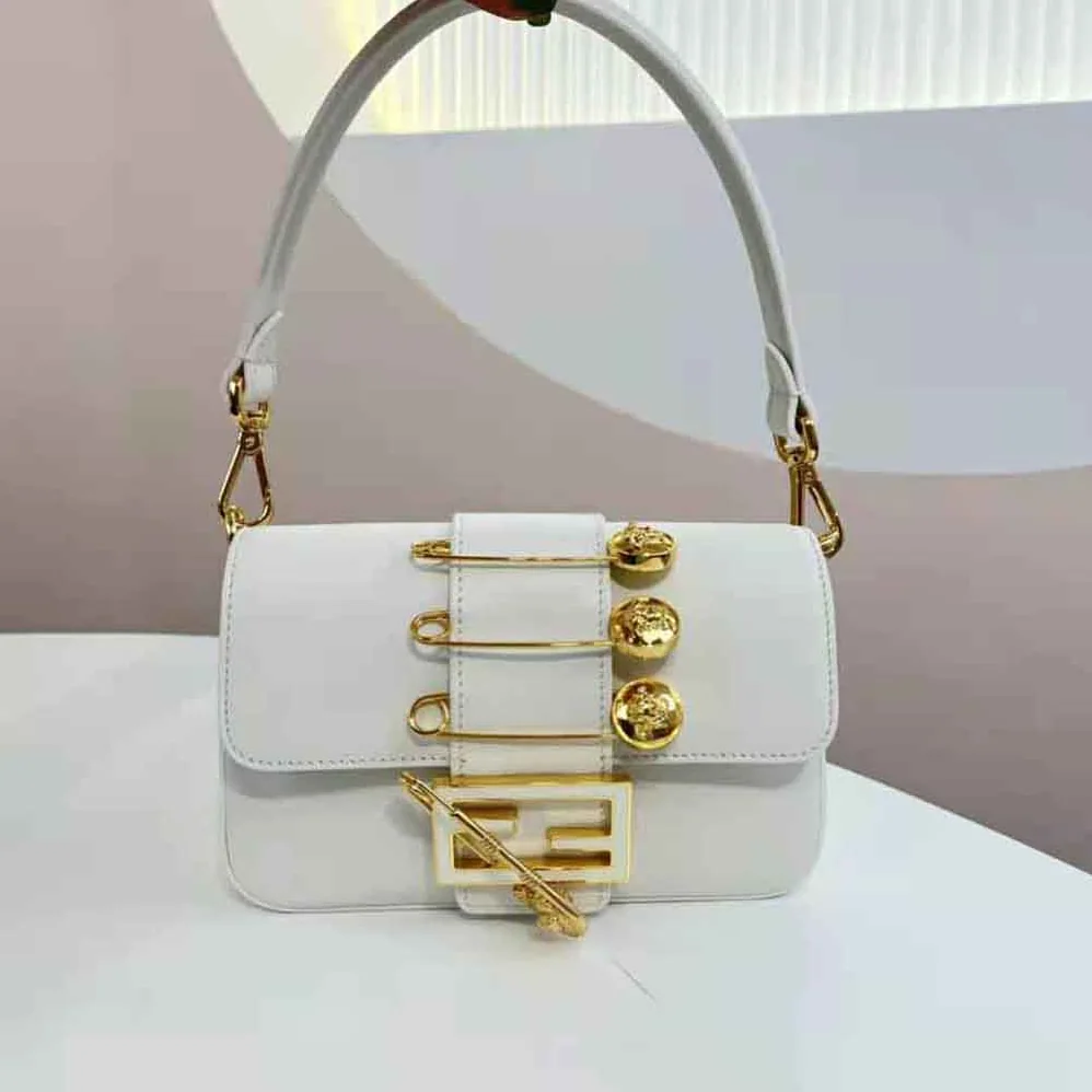 Fendi Brooch Mini Baguette Fendace White Leather Bag for Women Fendi Brooch Mini Baguette Fendace White Leather Bag for Women