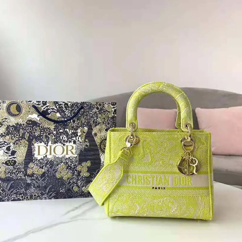 Dior Medium Lady D-lite Bag Lime Toile de Jouy Reverse Embroidery for Women