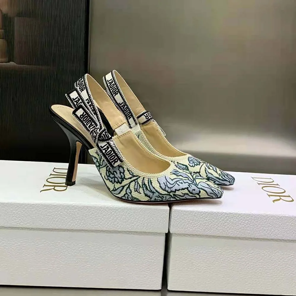 Dior J'Adior Slingback Pump Duck Blue Dior Brocart Embroidered Cotton with Gold for Women in Tone Metallic Thread