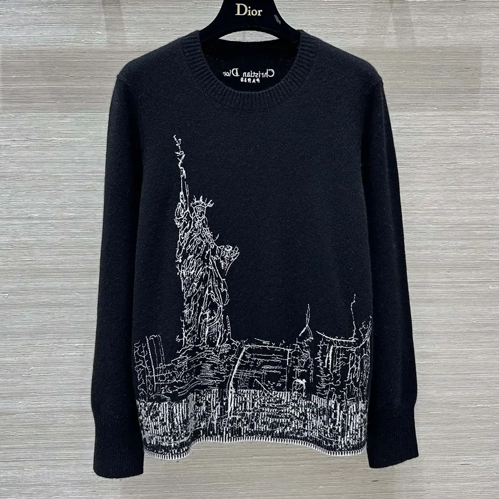 Dior Embroidered Sweater Black and White Cashmere and Silk Knit with New York Motif for Women