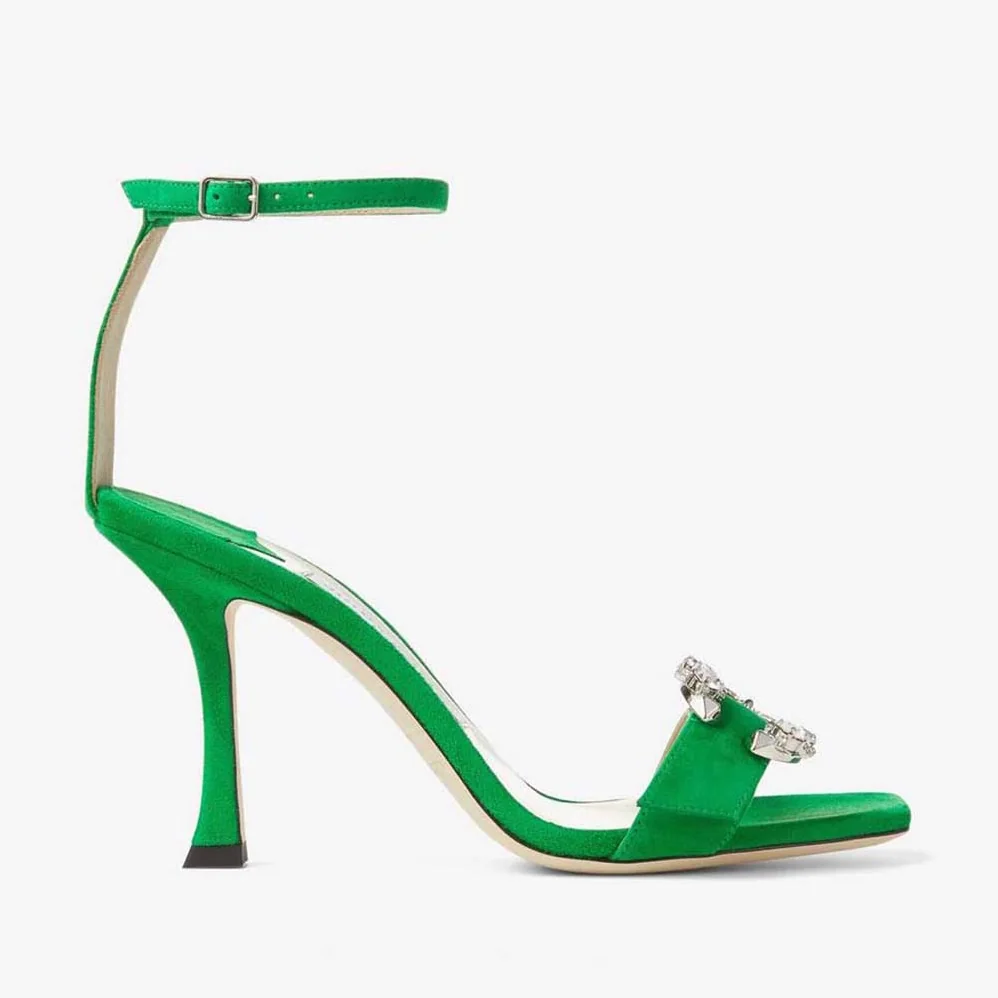 Jimmy Choo Marsai 90 Malachite Suede Sandals with Crystal Buckle for Women Jimmy Choo Marsai 90 Malachite Suede Sandals with Crystal Buckle for Women