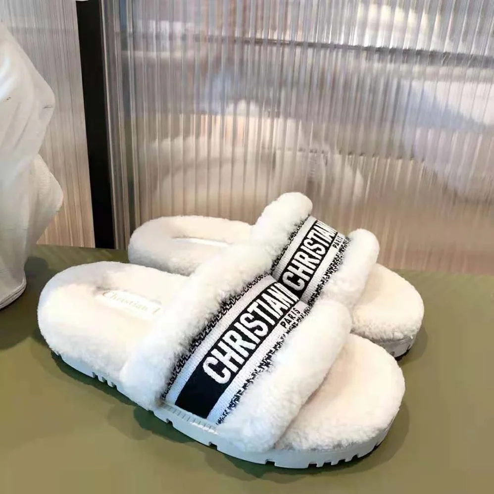 Dior Dway Slide White Embroidered Cotton and Shearling for Women Dior Dway Slide White Embroidered Cotton and Shearling for Women
