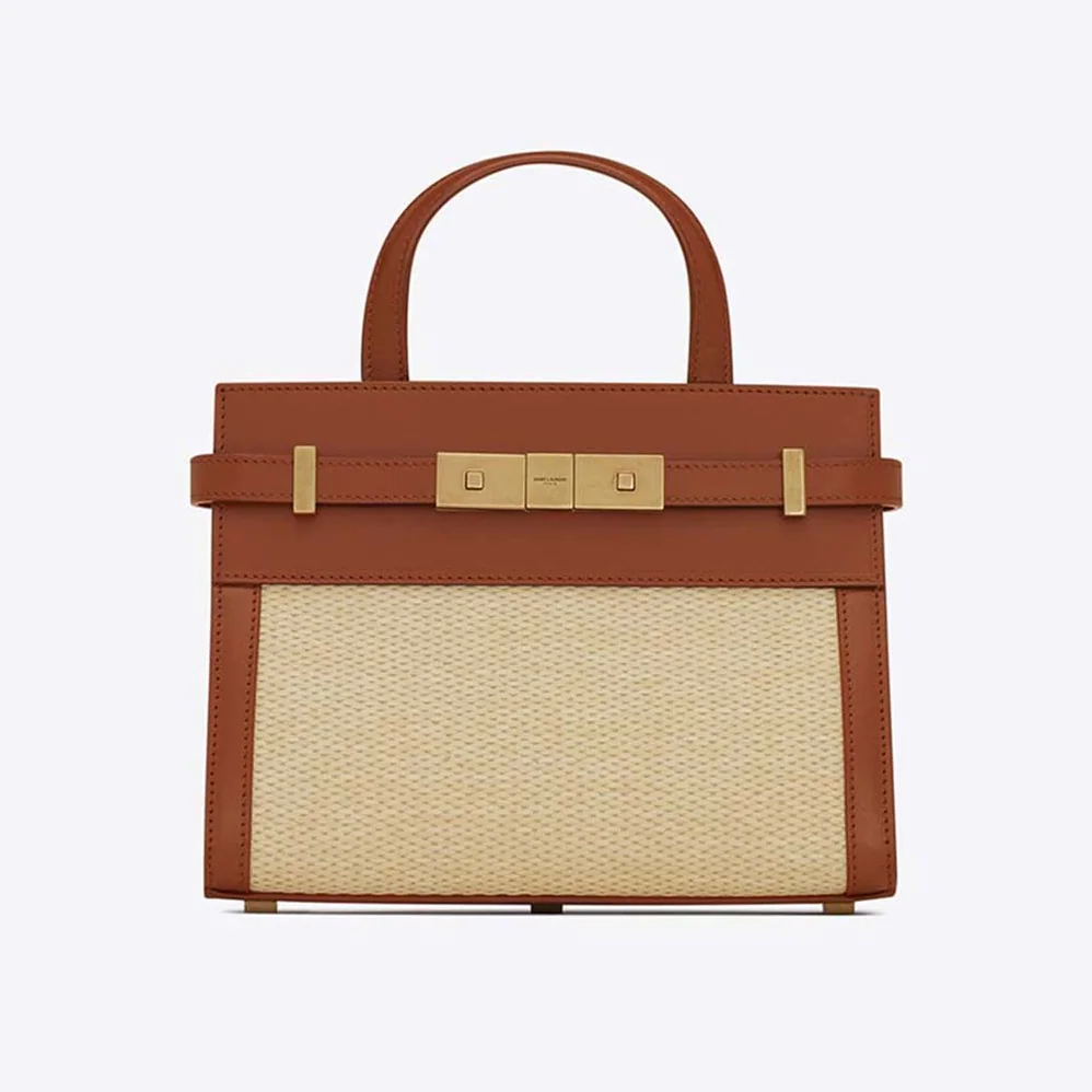 Saint Laurent YSL Manhattan Nano Shopping Bag in Raffia and Smooth Leather for Women in Brown Saint Laurent YSL Manhattan Nano Shopping Bag in Raffia and Smooth Leather for Women in Brown