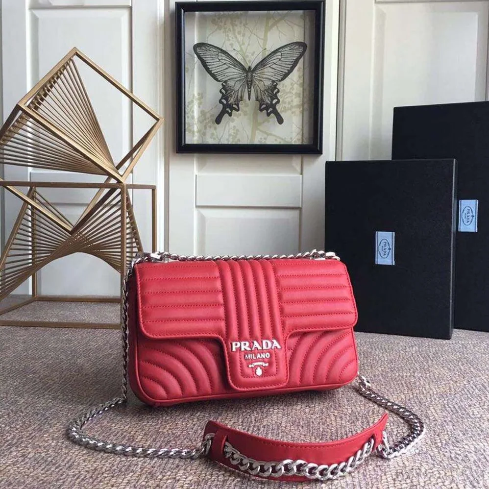 Prada Diagramme Leather Shoulder Bag in Red Prada Diagramme Leather Shoulder Bag in Red