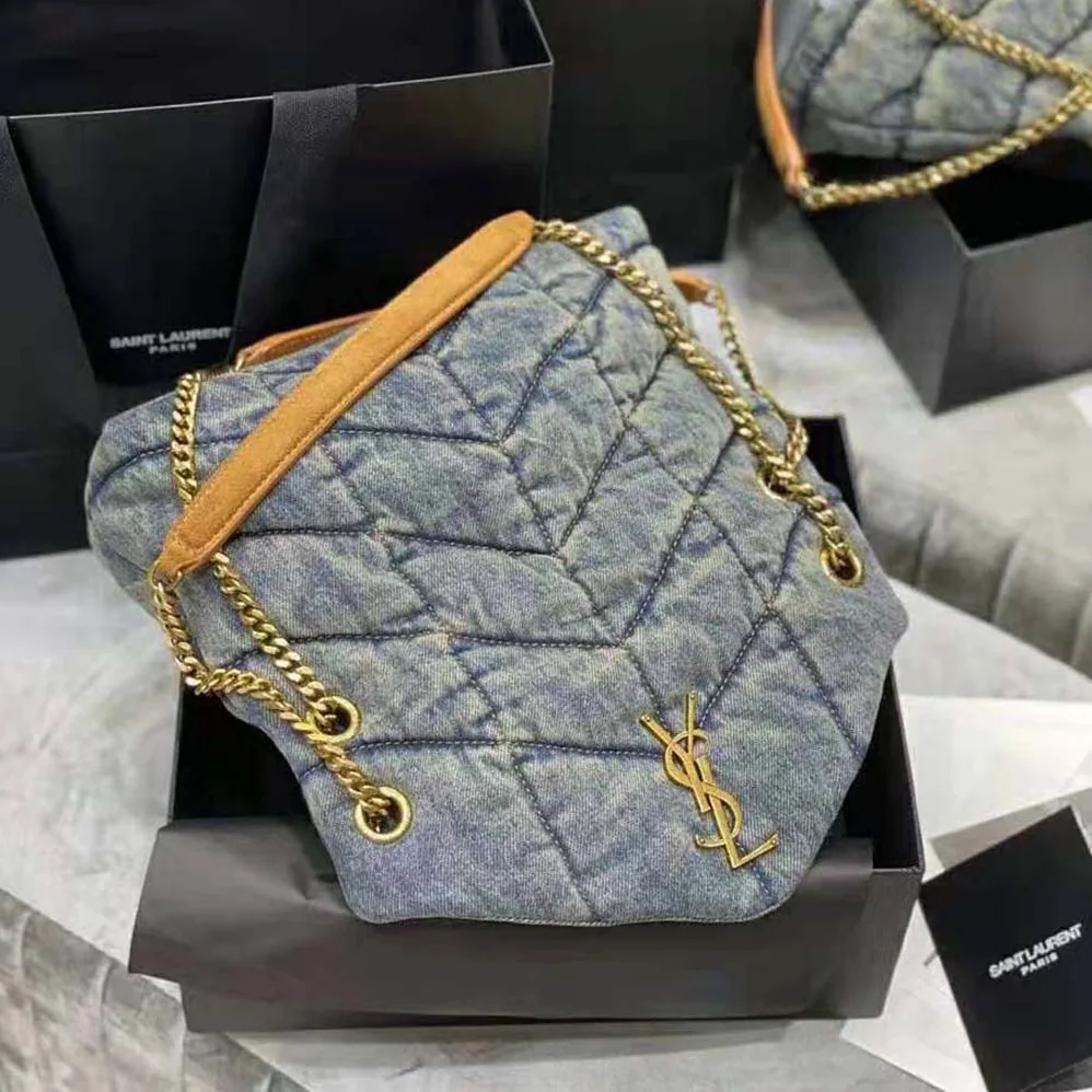Saint Laurent YSL Puffer Small Bag in Quilted Vintage Denim and Suede for Women Saint Laurent YSL Puffer Small Bag in Quilted Vintage Denim and Suede for Women