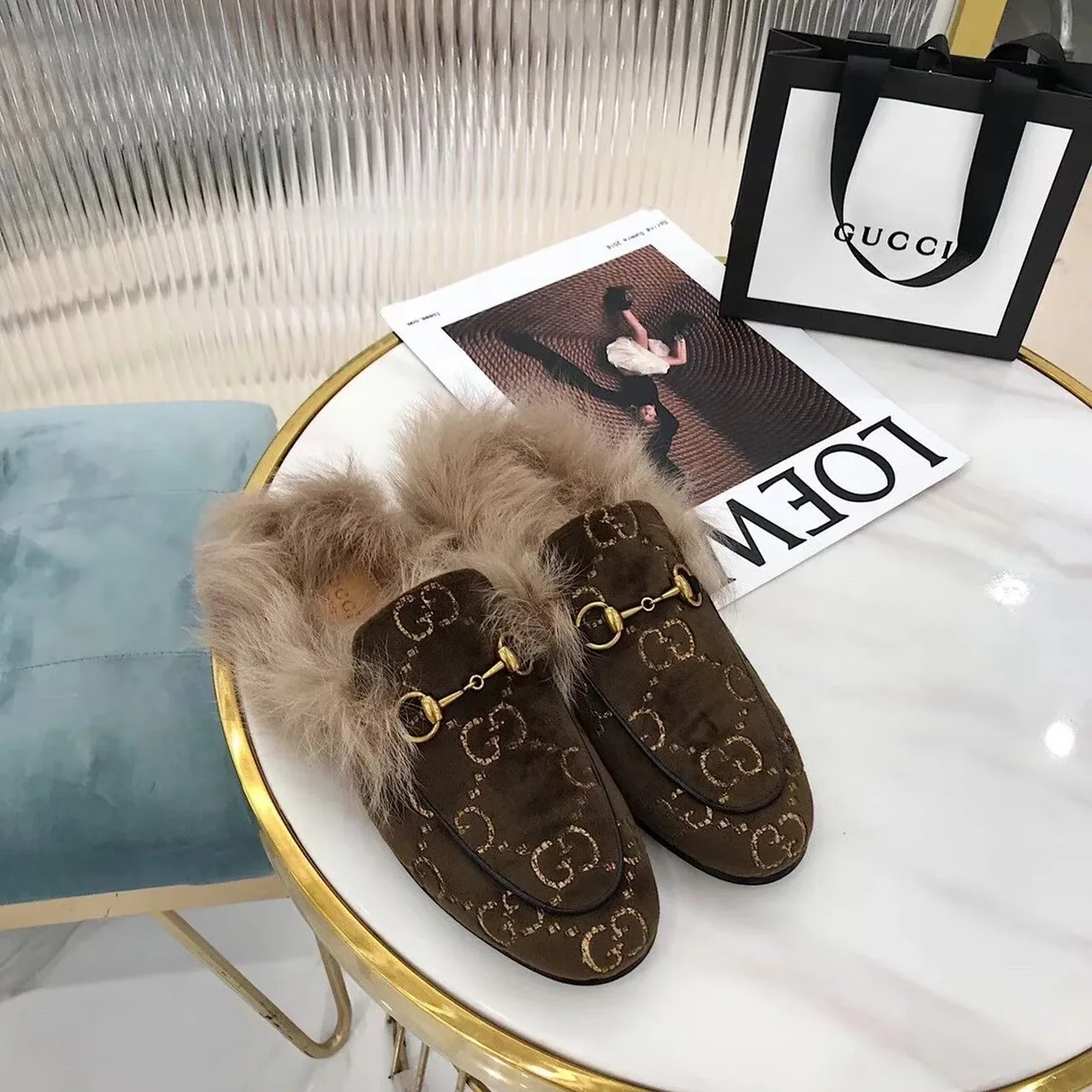 Gucci Princetown Velvet Fur Slipper Mules Calfskin Leather Pre-Fall/Winter Collection, Brown Gucci Princetown Velvet Fur Slipper Mules Calfskin Leather Pre-Fall/Winter Collection, Brown