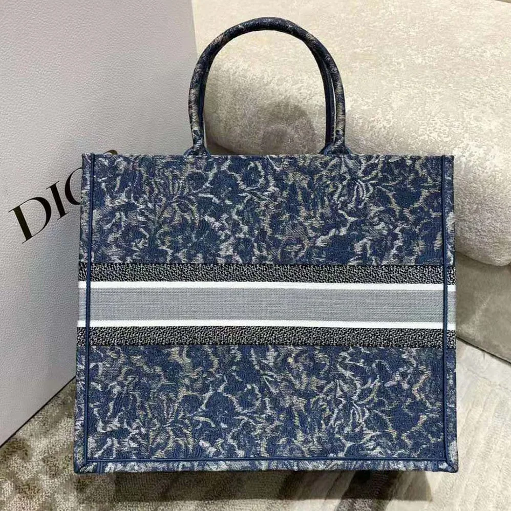 Dior Large Dior Book Tote Blue Dior Brocart Embroidery with Denim Effect for Women