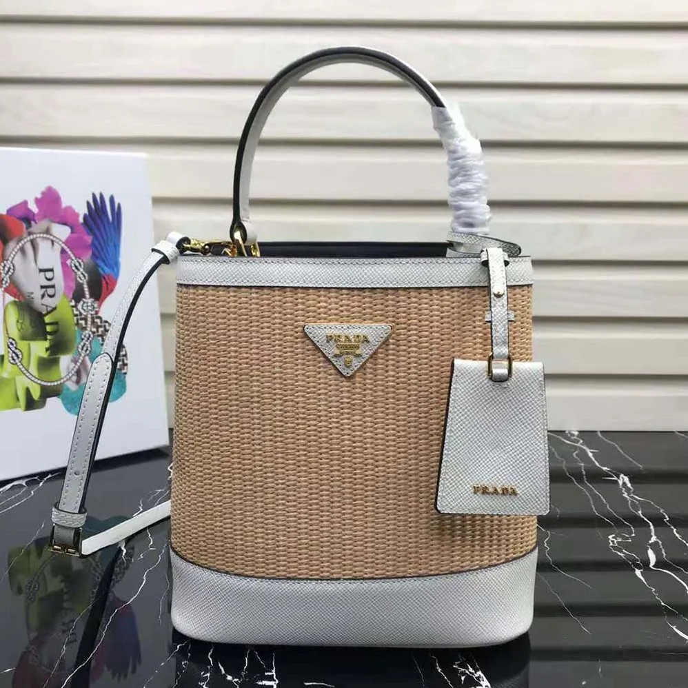Prada Prada Panier Medium Straw Bag for Women in White Prada Prada Panier Medium Straw Bag for Women in White