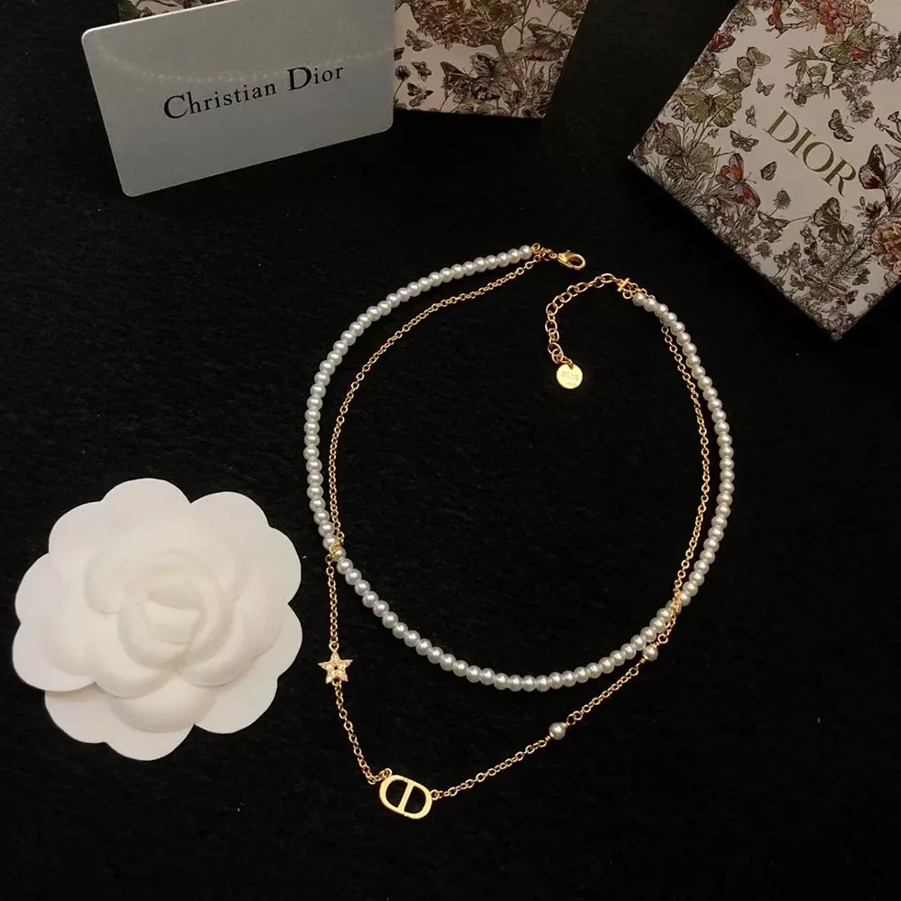 Dior Petit CD Necklace Gold-Finish Metal with White Resin Pearls and Silver for Women in Tone Crystals Dior Petit CD Necklace Gold-Finish Metal with White Resin Pearls and Silver for Women in Tone Crystals
