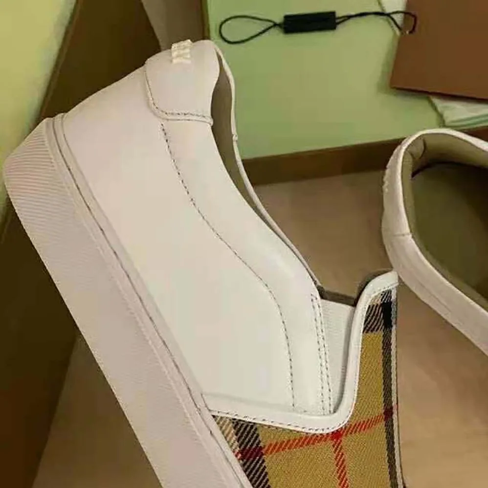 Burberry Leather and Vintage Check Slip-on Sneakers for Women in White Burberry Leather and Vintage Check Slip-on Sneakers for Women in White