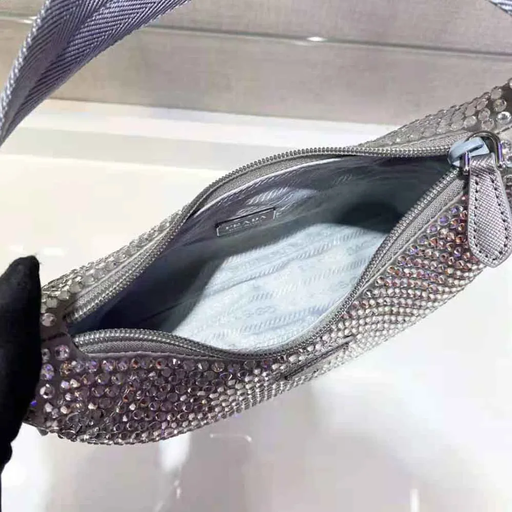 Prada Satin Mini-Bag with Artificial Crystals for Women in Silver