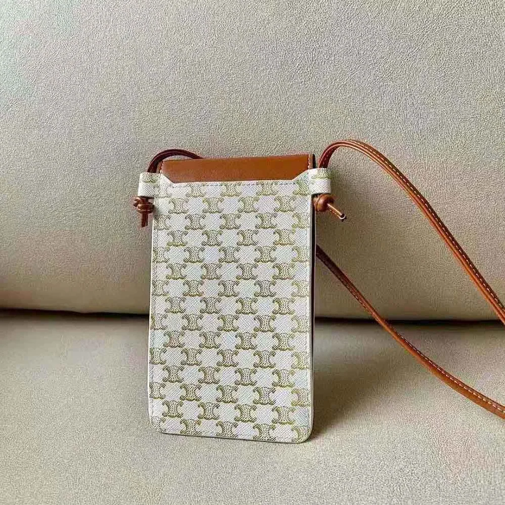 Celine Phone Pouch with Flap in Triomphe Canvas and Lambskin for Women in Beige Celine Phone Pouch with Flap in Triomphe Canvas and Lambskin for Women in Beige