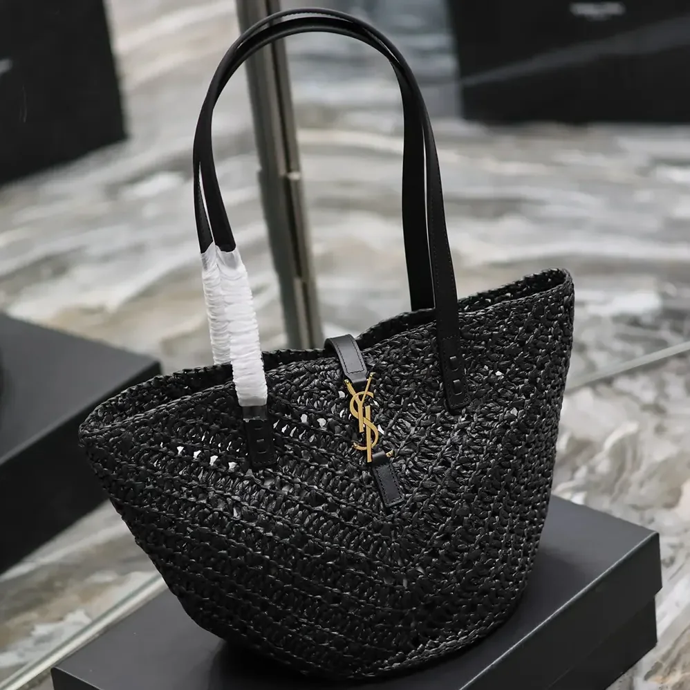 Saint Laurent YSL Panier Small in Raffia and Vegetable-tanned Leather for Women in Black