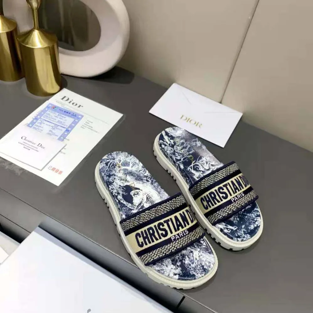 Dior Dway Slide Deep Blue Toile de Jouy Reverse Embroidered Cotton for Women