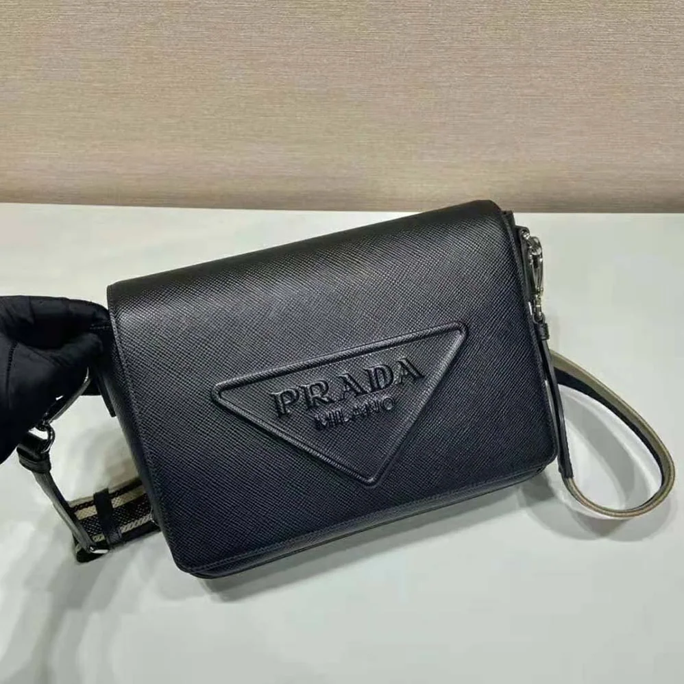 Prada Saffiano Leather Shoulder Bag with Sleek for Men in Black