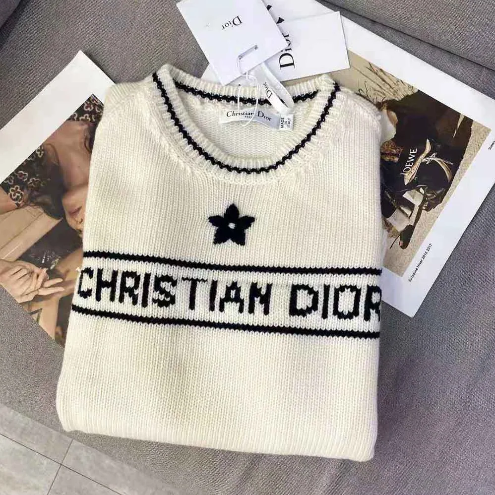 Dior Christian Dior Short-Sleeved Sweater Ecru Cashmere and Wool Knit for Women