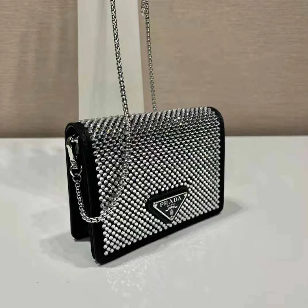 Prada Crystal-Studded Card Holder with Shoulder Strap for Women in Black
