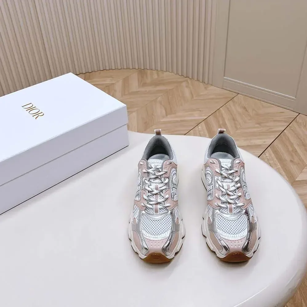 Dior Chrono Sneaker White Mesh with Nude and Silver-Tone Laminated Leather for Women in Effect Panels