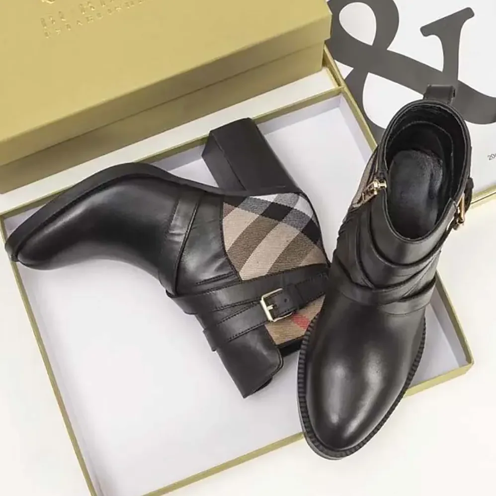 Burberry House Check and Leather Ankle Boots for Women Burberry House Check and Leather Ankle Boots for Women