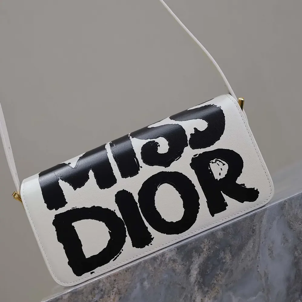 Dior Miss Dior Flap Bag White and Black Miss Dior Graffiti Printed Calfskin for Women