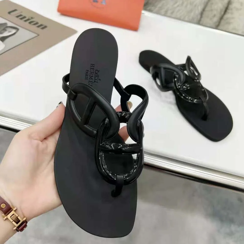 Hermes Egerie Sandal in Waterproof TPU with Chaine D Ancre Motif for Women in Black Hermes Egerie Sandal in Waterproof TPU with Chaine D Ancre Motif for Women in Black