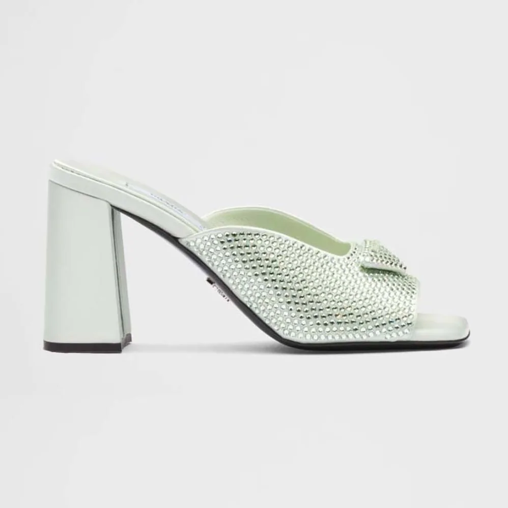 Prada High-heeled Satin Slides with Crystals for Women in Auqa Prada High-heeled Satin Slides with Crystals for Women in Auqa