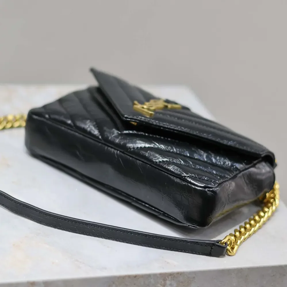 Saint Laurent YSL College Mini Chain Bag in Shiny Crackled Leather for Women in Black Saint Laurent YSL College Mini Chain Bag in Shiny Crackled Leather for Women in Black