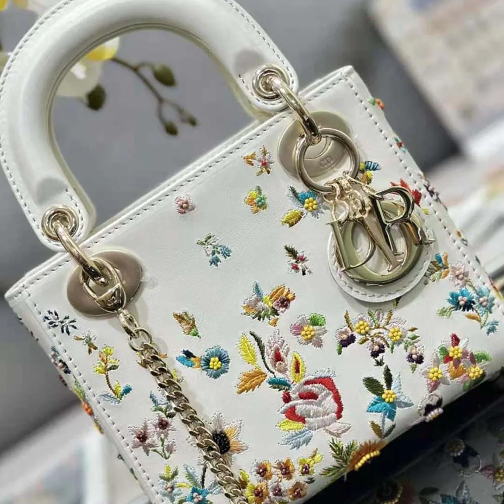 Dior Mini Lady Dior Bag Latte Calfskin Embroidered with Multicolor Small Flowers for Women