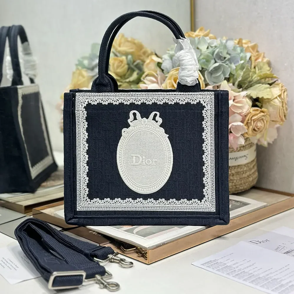Dior Small Dior Book Tote with Strap Blue Dior Oblique Embroidery with White Lace and Dior Médaillon for Women Dior Small Dior Book Tote with Strap Blue Dior Oblique Embroidery with White Lace and Dior Médaillon for Women
