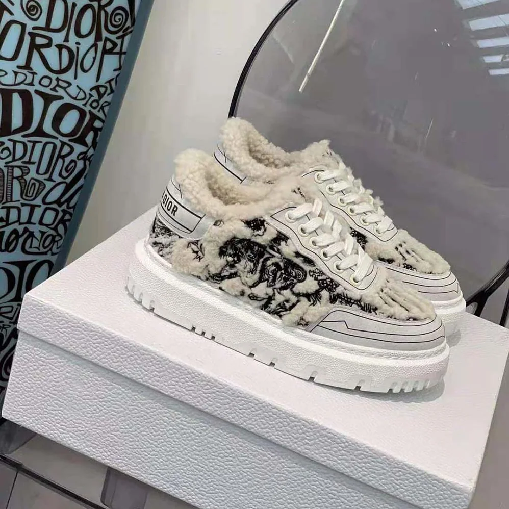 Dior Addict Sneaker Blue Toile de Jouy Embroidered Natural Shearling for Women
