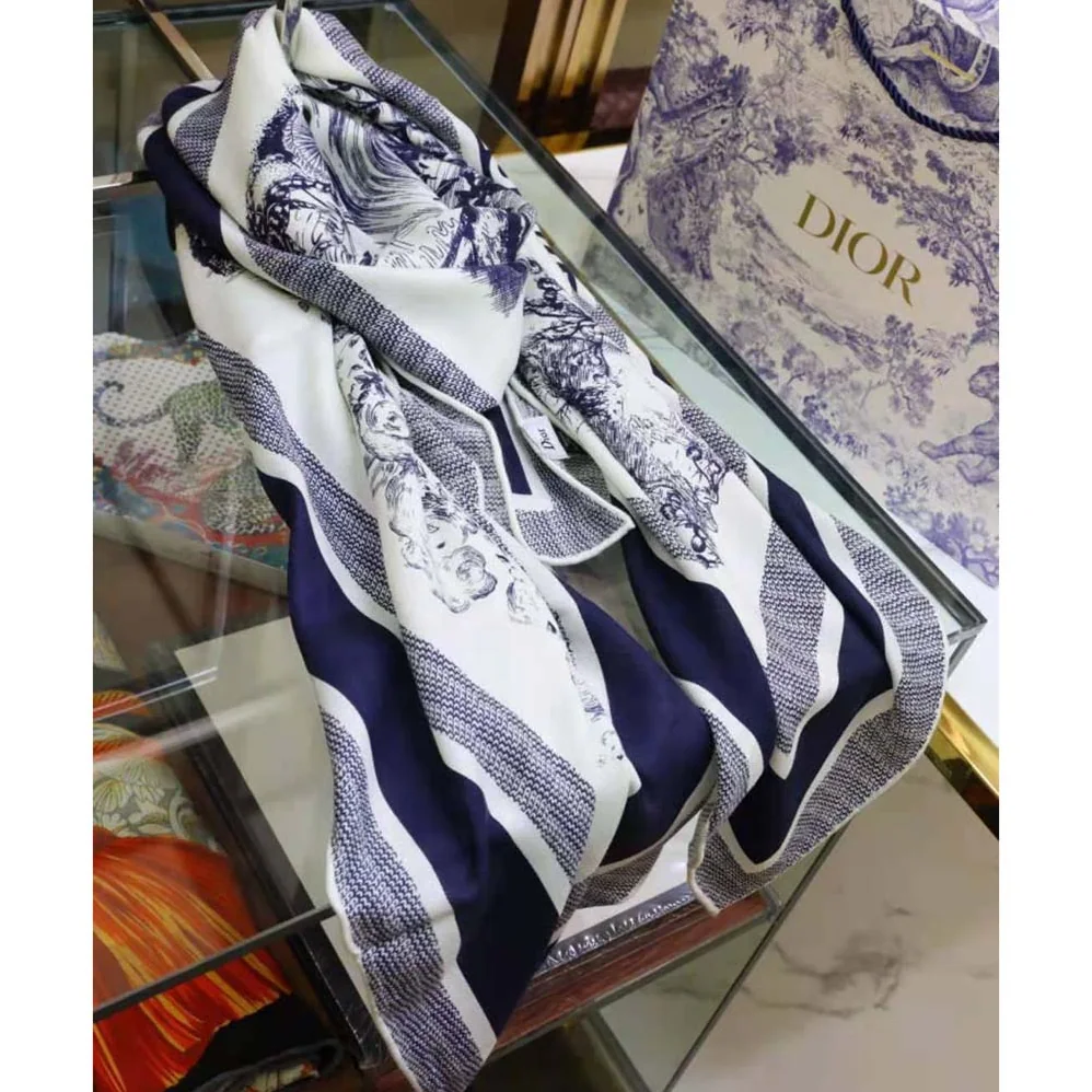 Dior Toile De Jouy Quatre Saisons Square Scarf Blue Silk Twill for Women Dior Toile De Jouy Quatre Saisons Square Scarf Blue Silk Twill for Women