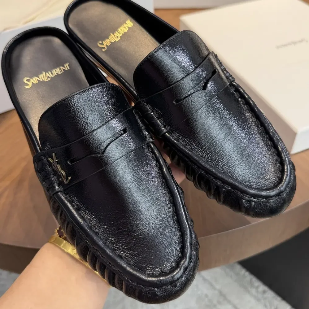 Saint Laurent YSL Le Loafer Mules in Shiny Creased Leather for Unisex