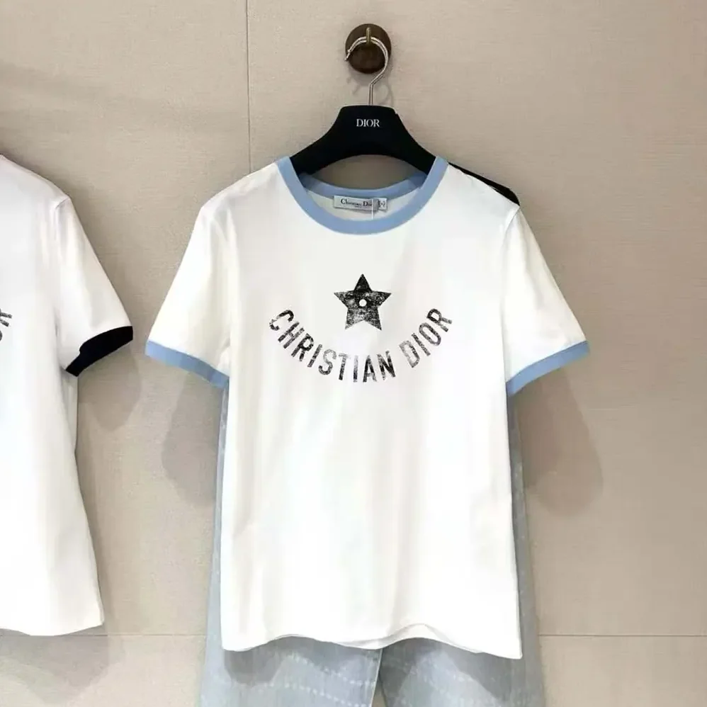 Dior Dioriviera T-Shirt Ecru and Blue Cotton Jersey for Women Dior Dioriviera T-Shirt Ecru and Blue Cotton Jersey for Women