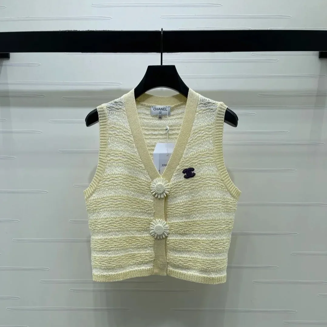 Chanel Striped Pointelle Sleeveless Top With Camellia Buttons Light Yellow