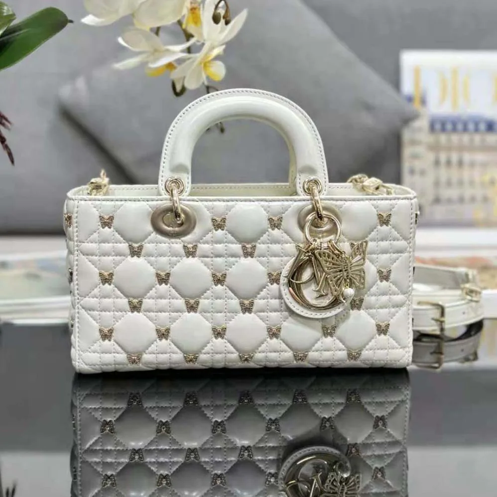 Dior Medium Lady D-joy Bag White Cannage Lambskin with Gold for Women in Finish Butterfly Studs Dior Medium Lady D-joy Bag White Cannage Lambskin with Gold for Women in Finish Butterfly Studs