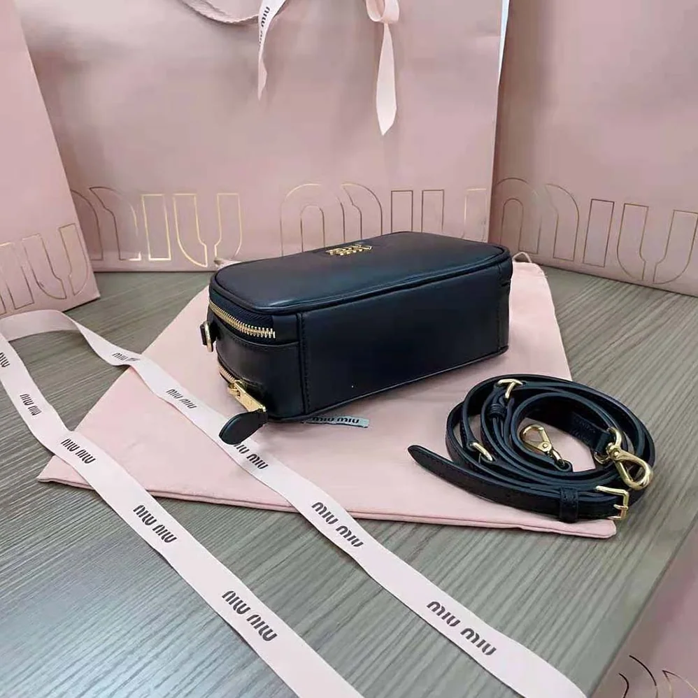 Miu Miu Arcadie Leather Bag with Metal Lettering Logo for Women in Black
