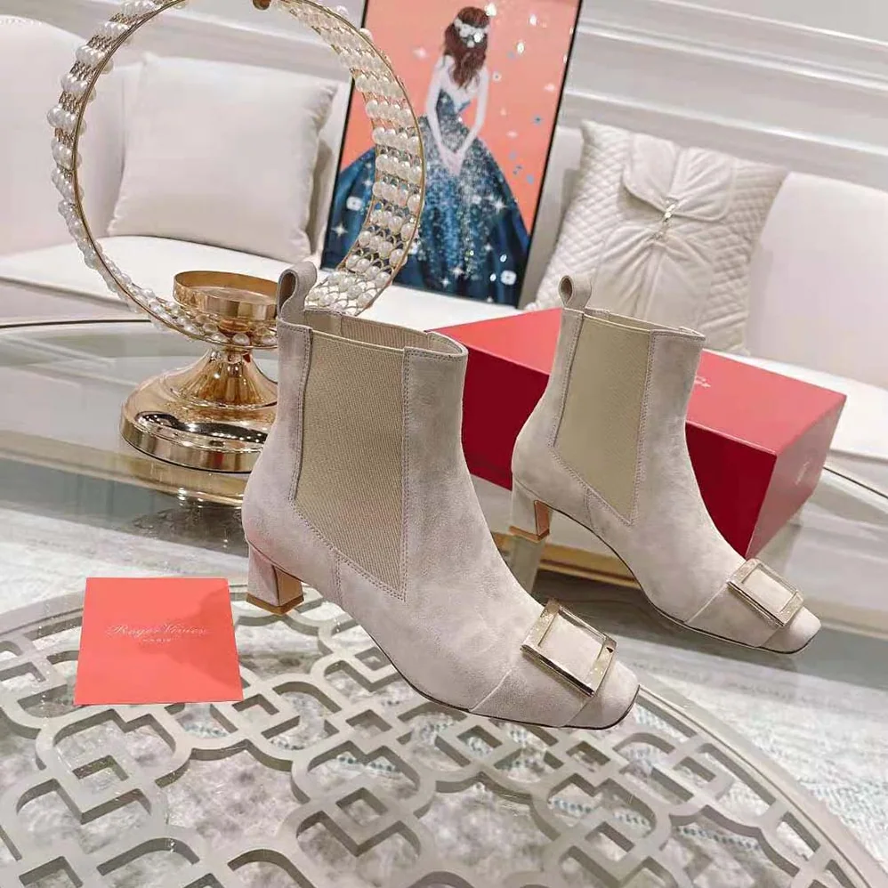 Roger Vivier Trompette Metal Buckle Chelsea Booties in Suede for Women in Beige Roger Vivier Trompette Metal Buckle Chelsea Booties in Suede for Women in Beige