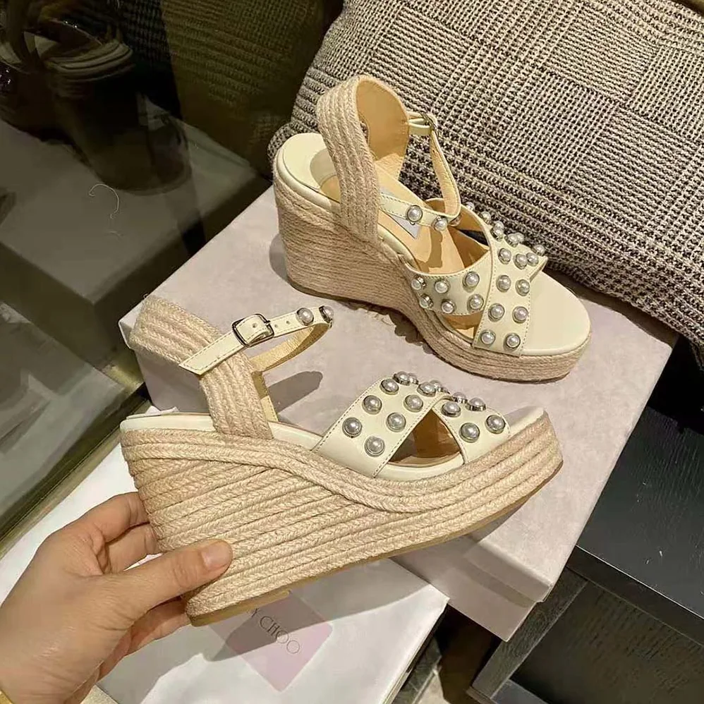 Jimmy Choo Dellena 100 Latte Nappa Wedges with Pearls for Women Jimmy Choo Dellena 100 Latte Nappa Wedges with Pearls for Women