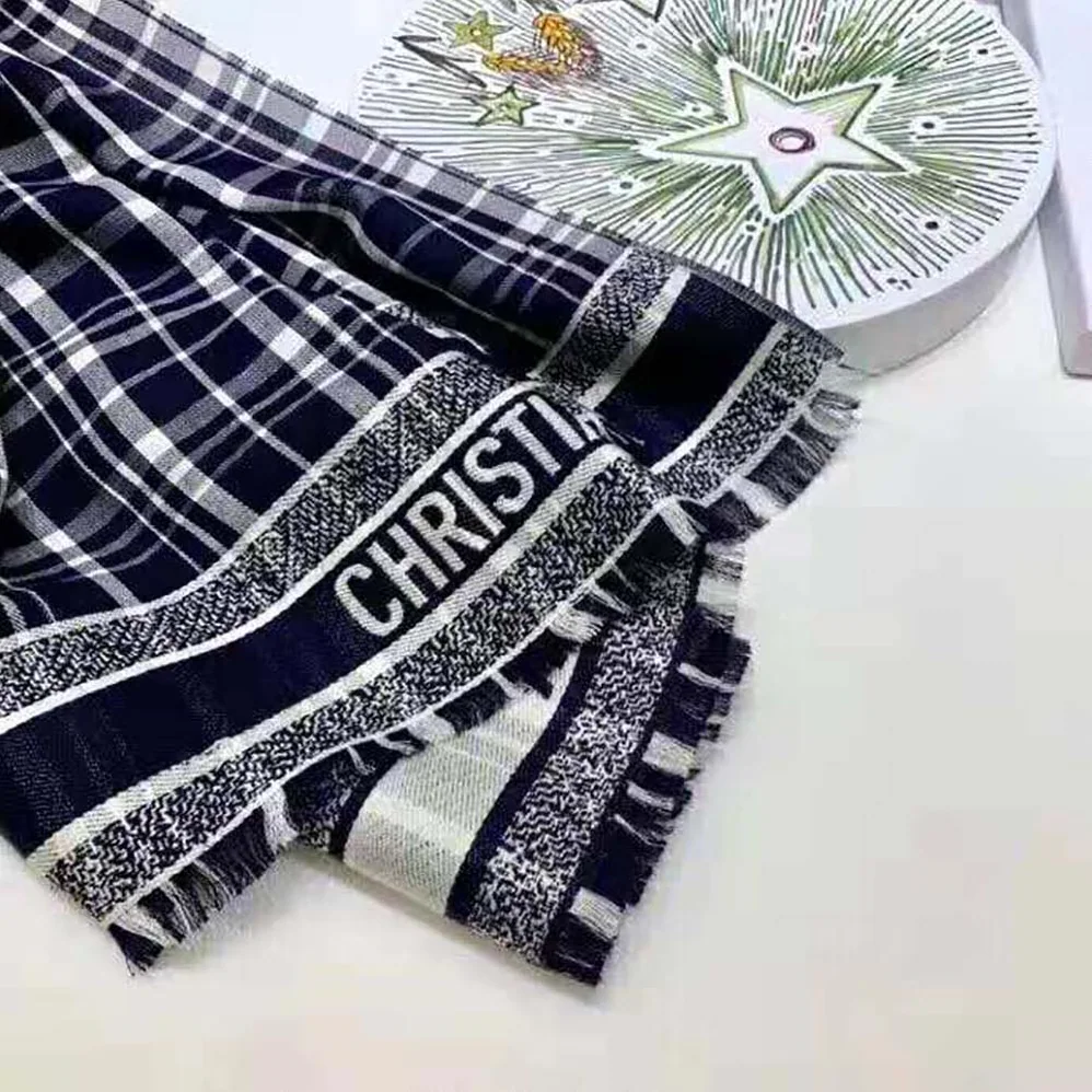 Dior Checkndior Pop Stole Navy Blue Cashmere Silk and Cotton for Women