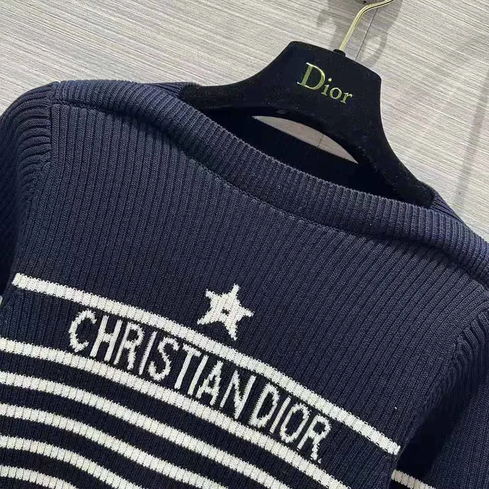 Dior Sweater Navy Blue and White Cotton Ribbed Knit with Signature for Women