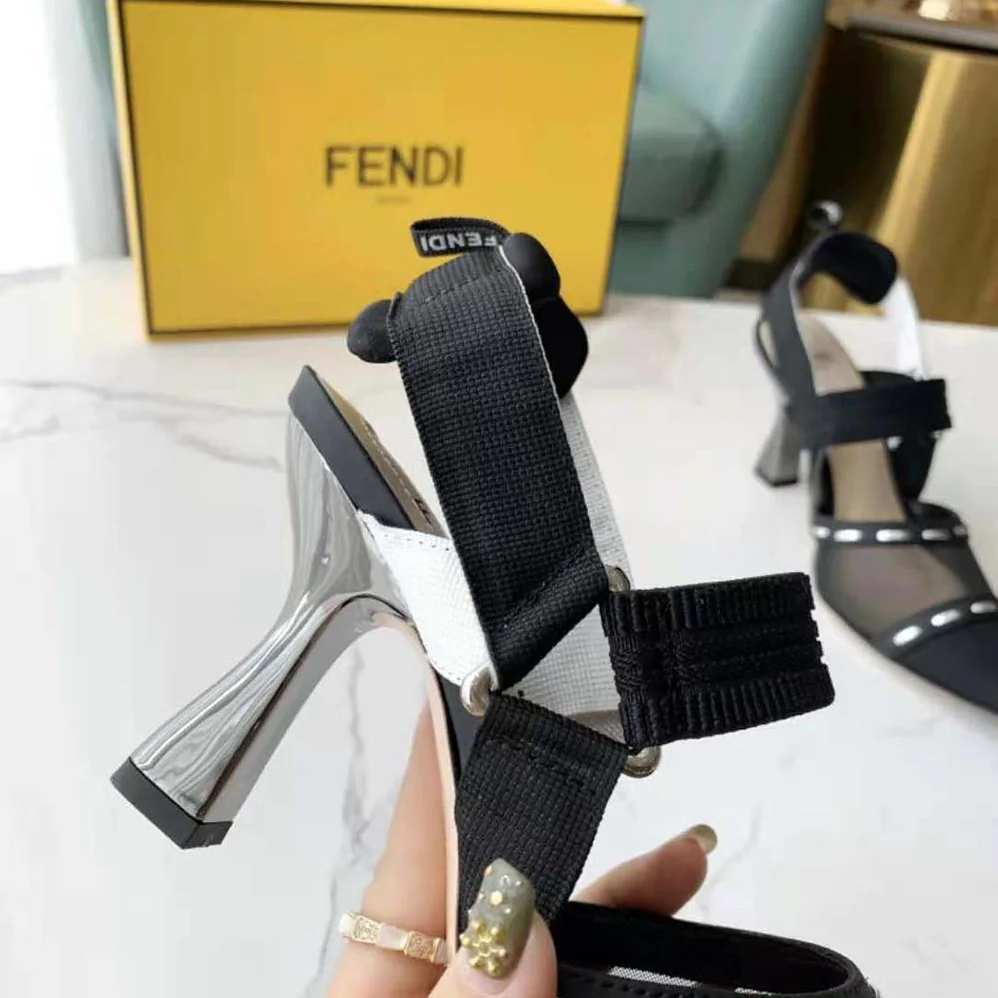 Fendi Colibri Black Mesh High-Heel Slingbacks with Metal Stitches for Women Fendi Colibri Black Mesh High-Heel Slingbacks with Metal Stitches for Women
